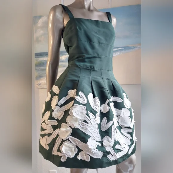 ❤️BUY2️⃣GET1️⃣🆓 $6,740 NEW OSCAR DE LA RENTA GREEN WHT SILK FLORAL DRESS 8 - Picture 8 of 15